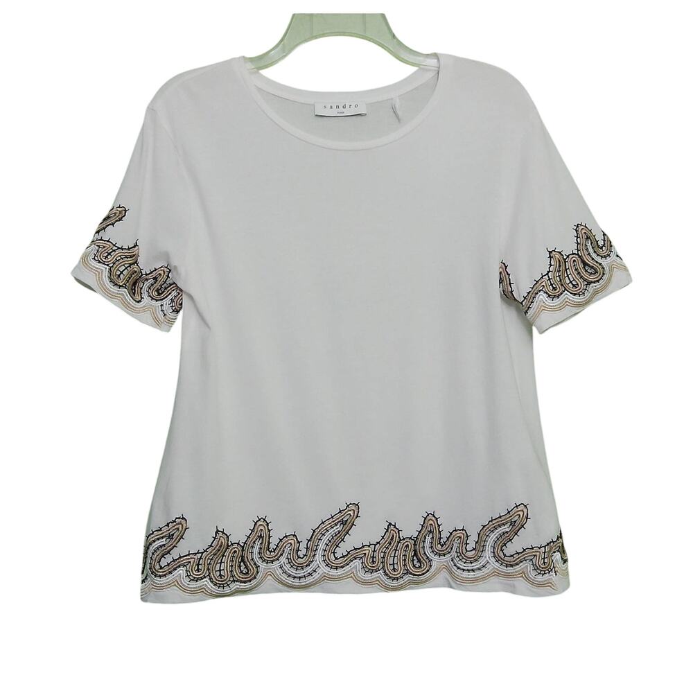 Sandro Paris Embroidered Trim White Cotton Crop Tee Shirt Size S
